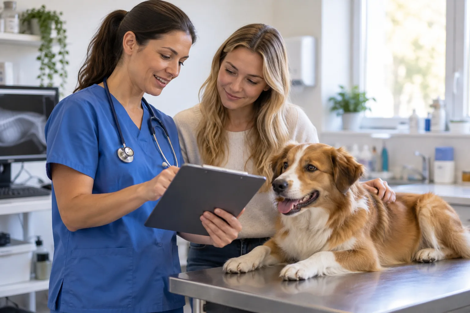Veterinary professional reviewing a tablet with a dog owner during a visit